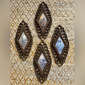 4 piece set vintage 1970s Homco plastic wood / wicker / rattan-like wall art‎